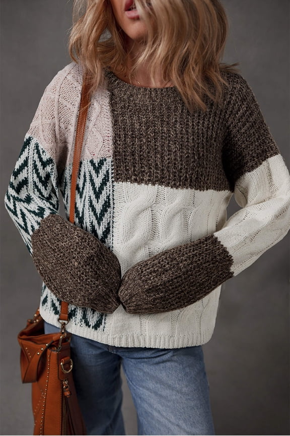 Brown Color Block Patchwork Knotted Back Loose Fit Sweater