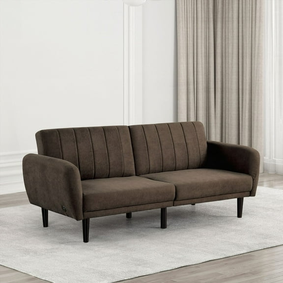 Brown Color Futon Sofa, Iron Leg Back Support, Converts to Bed, Tufted Fabric, 1pc Pocket Coil Sofa