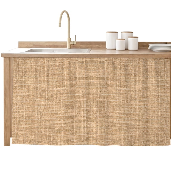 Brown Color Sink Skirt for Bathroom, Self-Adhesive Under Sink Curtain, Abstract Woven Texture Vintage Minimalist Hide Pipes & Storage Fabric Cabinet Skirt Cover for Kitchen Laundry 32"x55"
