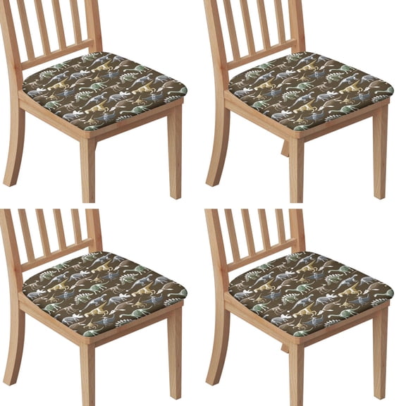 Brown Colorful Dinosaurs Fossils Pattern Seat Covers for Dining Room Chairs Set Of 4,Stretch Printed Washable Chair Seat Cover with Elastic Ties and Button,Removable Waterproof Couch Cushion Covers