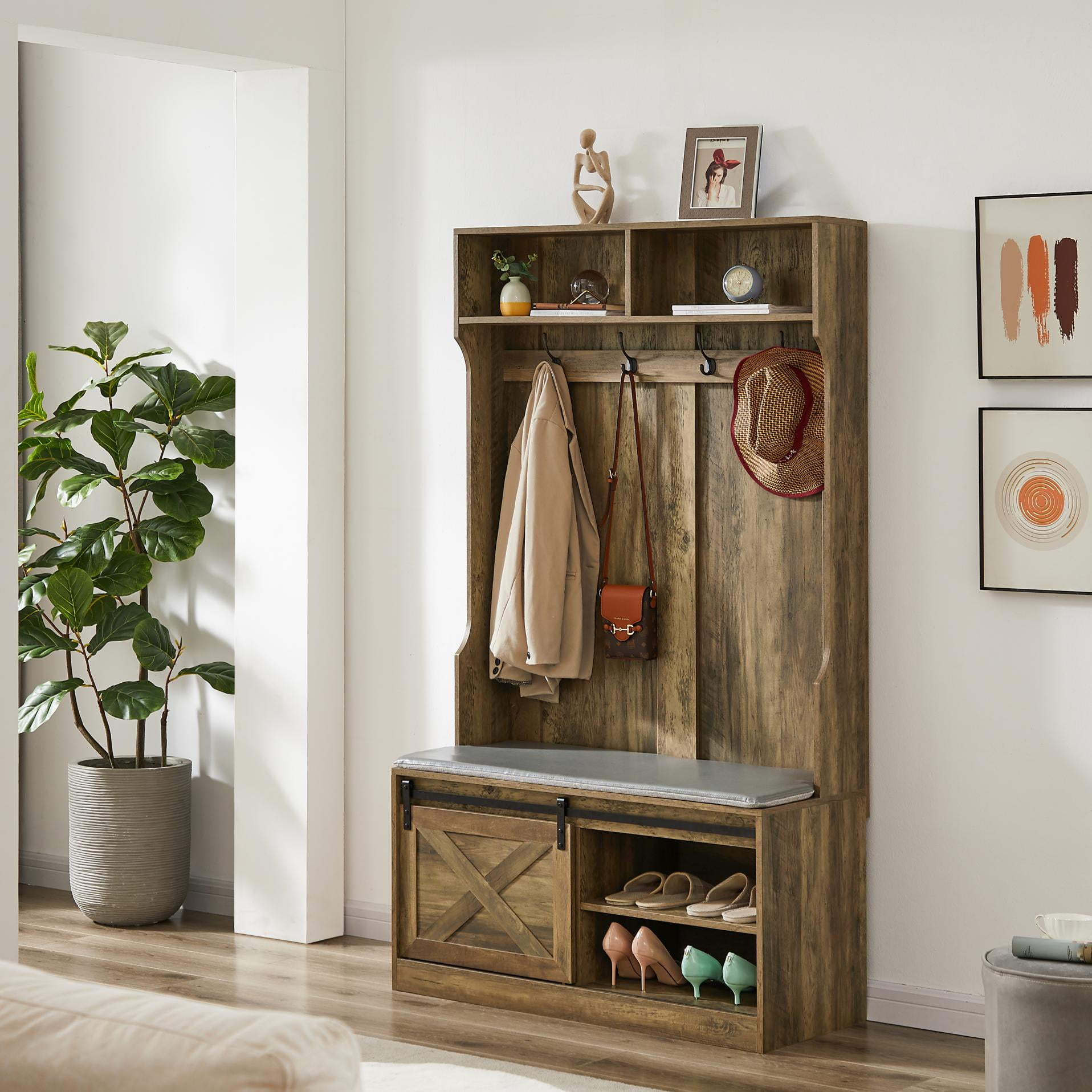 Brown Column Coat Rack with Shoe Cabinet Storage Organizer Space