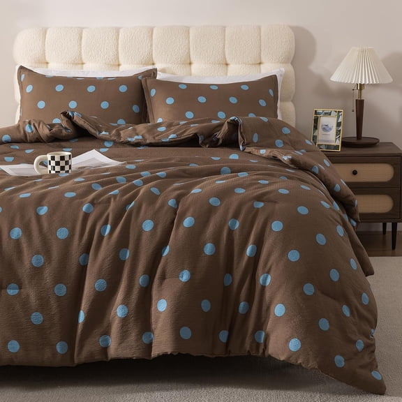 Brown Comforter Set Light Blue Polka Dots Bedding Set | Kawaii Circles Print for Boys Girls,Soft Seersucker Comforter Bed Set with Pillowshams