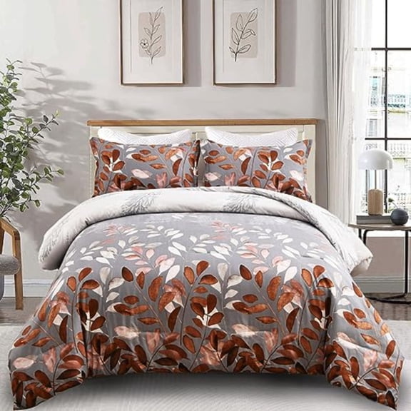 Brown Comforter Set Queen Botanical Leaves Comforter for Queen Bed 3 Pieces Reversible Floral Bed Comforter Sets Soft Microfiber Bedding Set for All Season 90x90