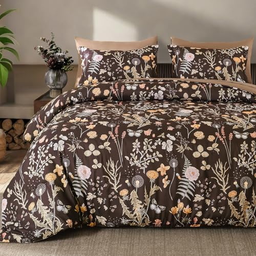 Brown Comforter Set Queen Size, 7 Piece Floral Comforter Bedding Set, Farmhouse Bed in a Bag, Soft Microfiber Complete Bedding Set with Sheets for All Season