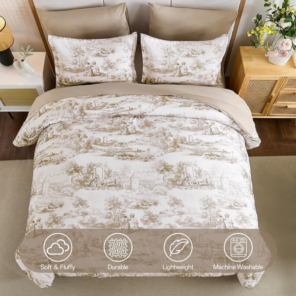 Brown Comforter Set Queen Size, 7 Pieces Botanical Floral Bedding with Sheets Soft Microfiber Farmhouse Style