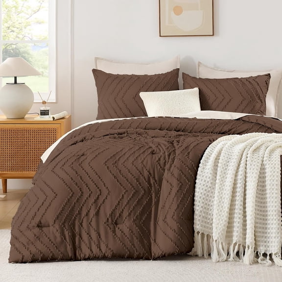 Brown Comforter Set Queen Size, Boho Soft Warm Tufted Bedding Comforter Sets for Queen Size Bed, 3 Pieces Aesthetic Chevron Farmhouse Cute Bohemian Textured Bed Set