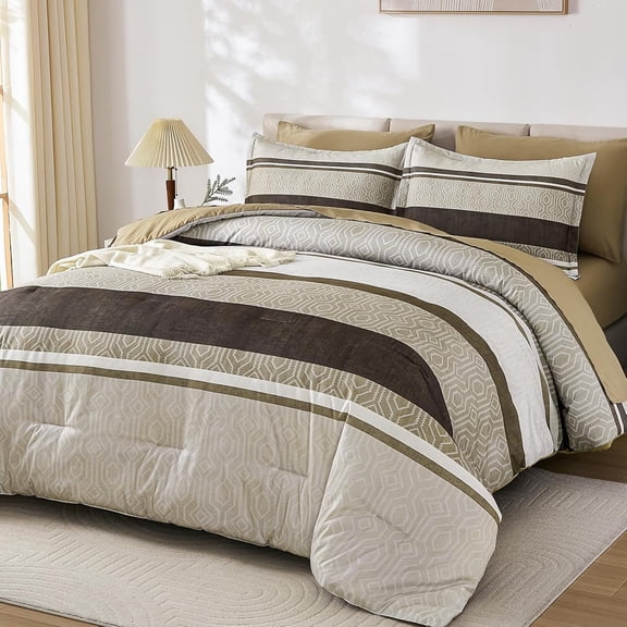 Brown Comforter Set  Size 7 count Bed in a Bag, Light Brown Beige Striped Bed Set, Summer Lightweight Boho Bedding Comforter Sets with Sheets