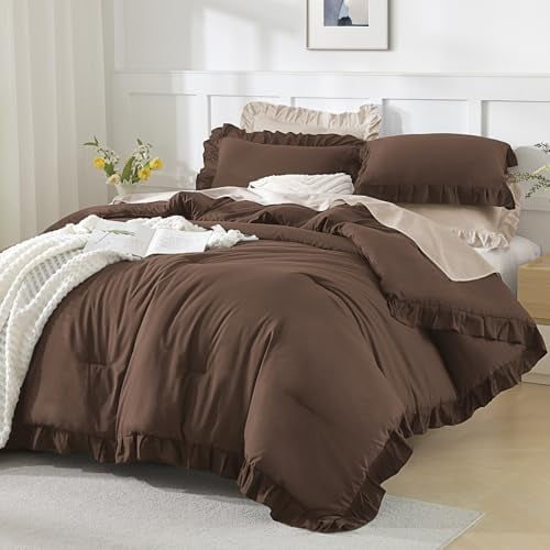 Brown Comforters Queen Size, 3 Pieces Solid Shabby Chic Farmhouse Bedding Comforters & Sets, Lightweight Fluffy All Season Soft Down Alternative Bed Set for Women Men