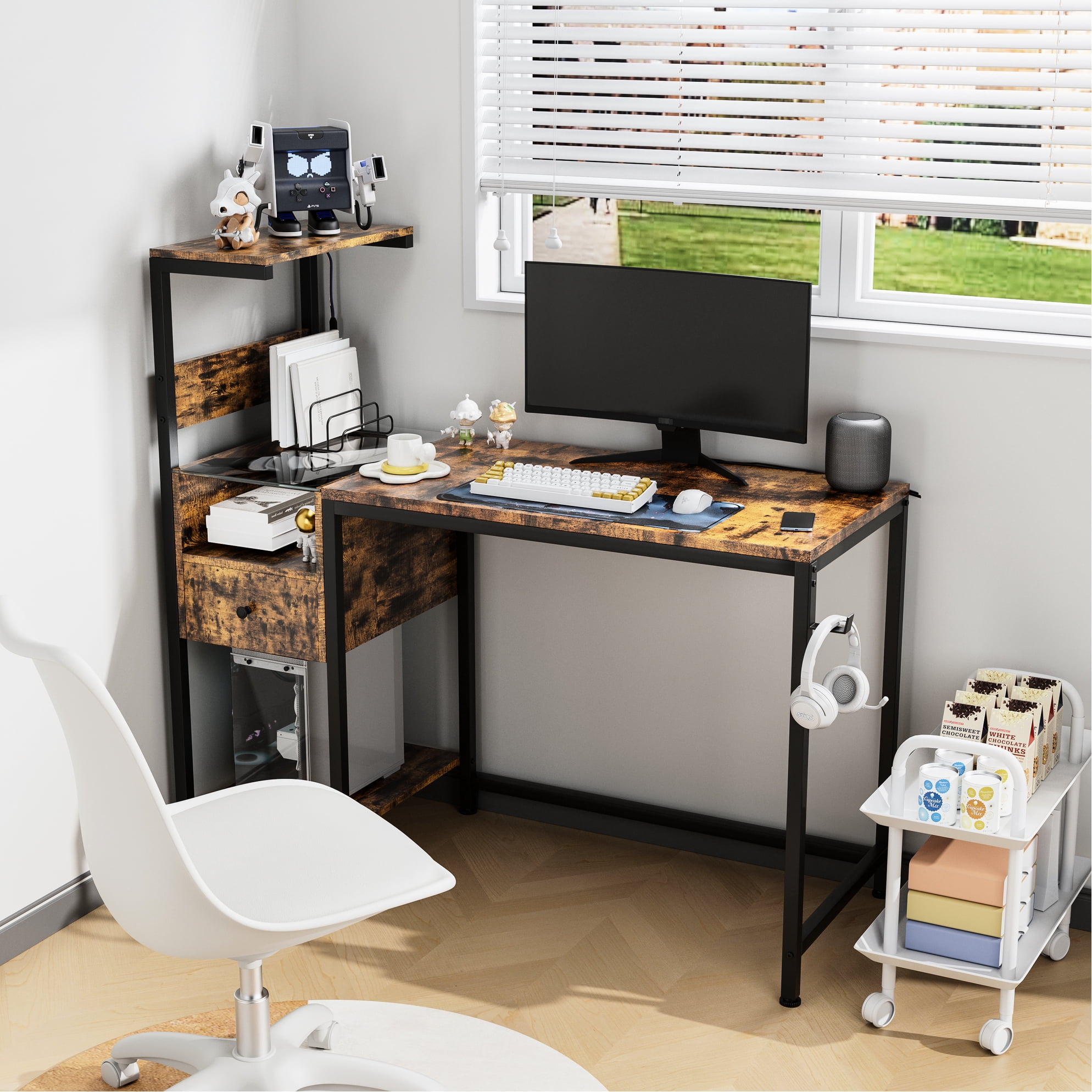 Brown Computer Desk With Power Socket & Storage, Reversible Shelf ...