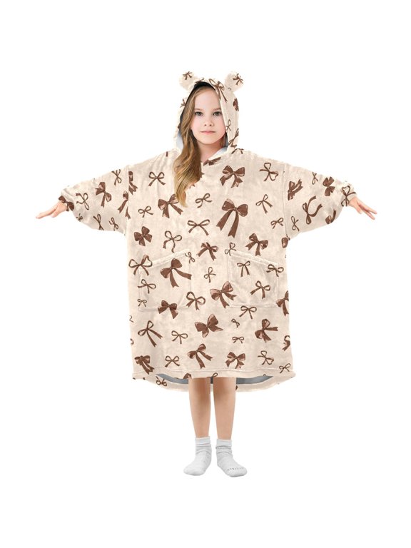 Brown Coquette Bows Pattern Kids Wearable Blanket Hoodie Toddler Oversized Sherpa Sweatshirt 3-14 YR S