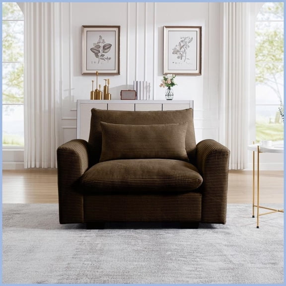 Brown Corduroy Deep Seat Accent Chair with Waist Pillow - Cozy Modern Comfort for Living Room, Apartment & Office