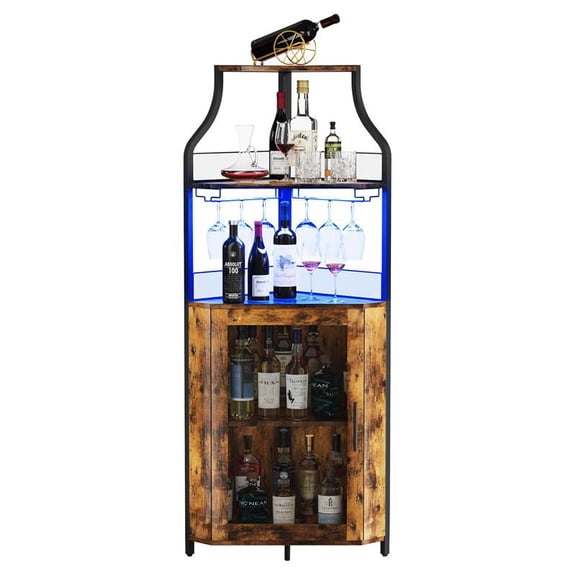 Brown Corner Bar Cabinet with LED Lights, Industrial Liquor Cabinet with Adjustable Shelf, 5-Tier Industrial Wine Cabinet with Glass Holder, Home Bar Cabinet, Coffee Bar Cabinet Apartment Furniture