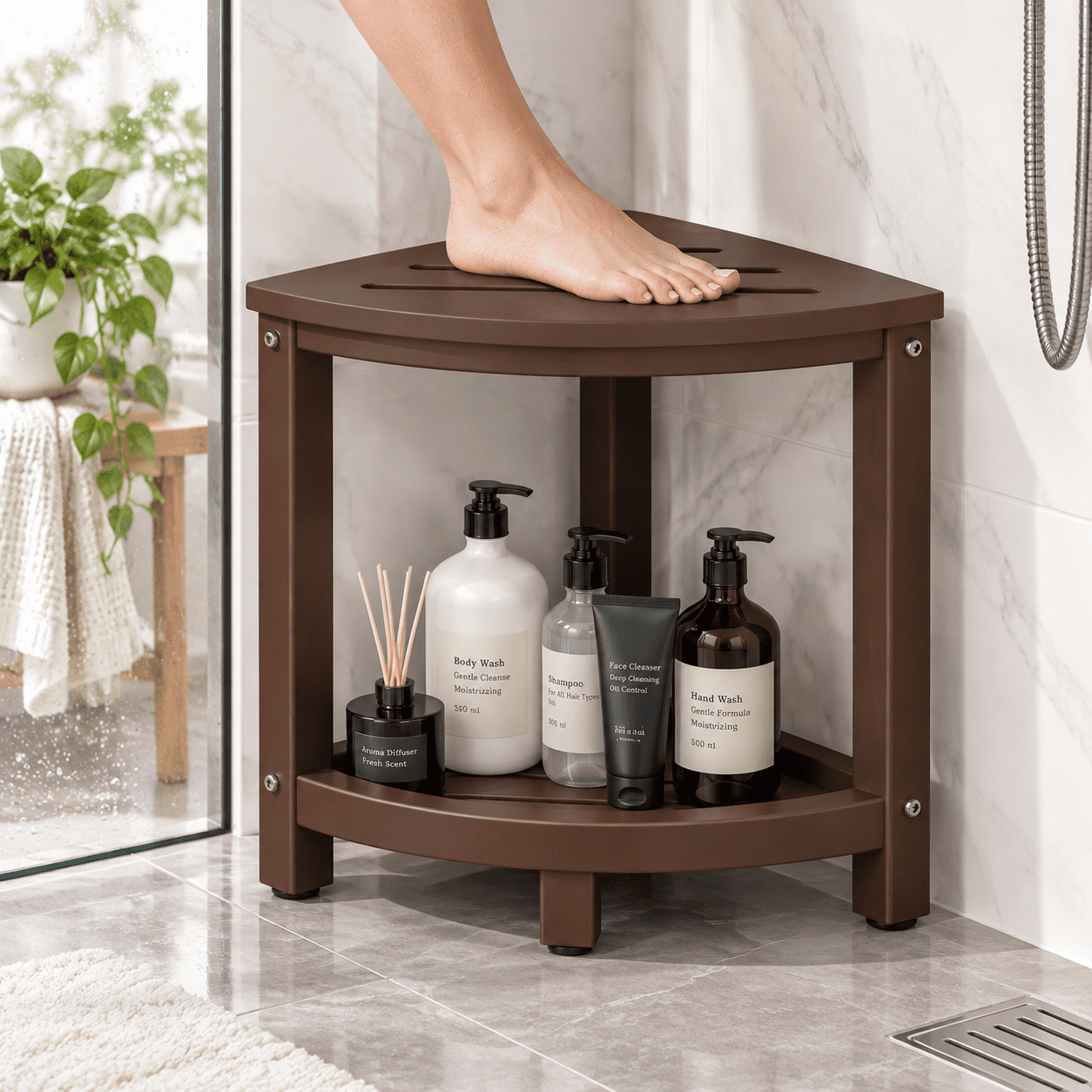 Outside Stool Brown Corner Shower Stool Bench with Storage for Bathroom and Outdoor ...