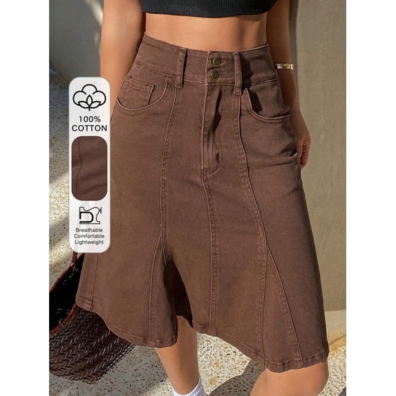Brown Cotton Denim A-Line Skirt With Button Front And Pockets