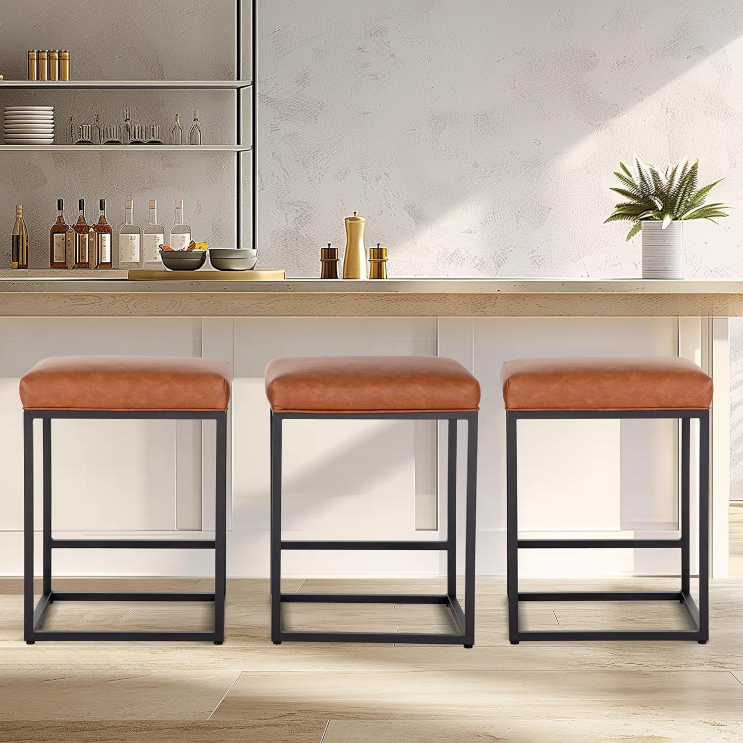 Brown Counter Height Bar Stools Set of 3 for Kitchen Counter 24 Inch ...