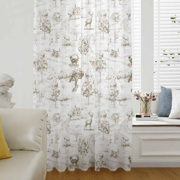Brown Country Semi Sheer Curtains Drapes for Living Room, Bedroom, French Doors Window 84 Inches Long, Abstract Farmhouse Rustic Tree Animals Rod Pocket Chiffon Curtain Drapery Voile Draperies Panel
