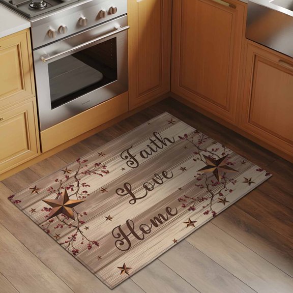 Brown Country Stars 2x3 Rug for Entryway Front Door Kitchen Sink Area, Retro Faith Love Home Berries Farmhouses Low Pile Washable Non Slip Rectangle Area Rug