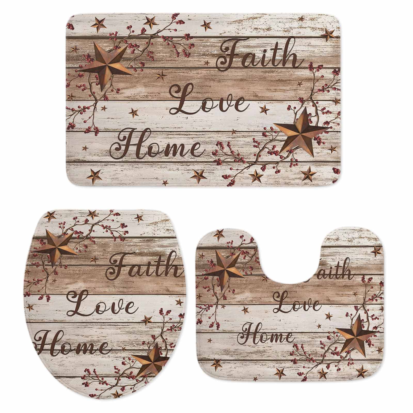 Brown Country Stars Bathroom Rugs Set Retro Faith Love Home Berries ...