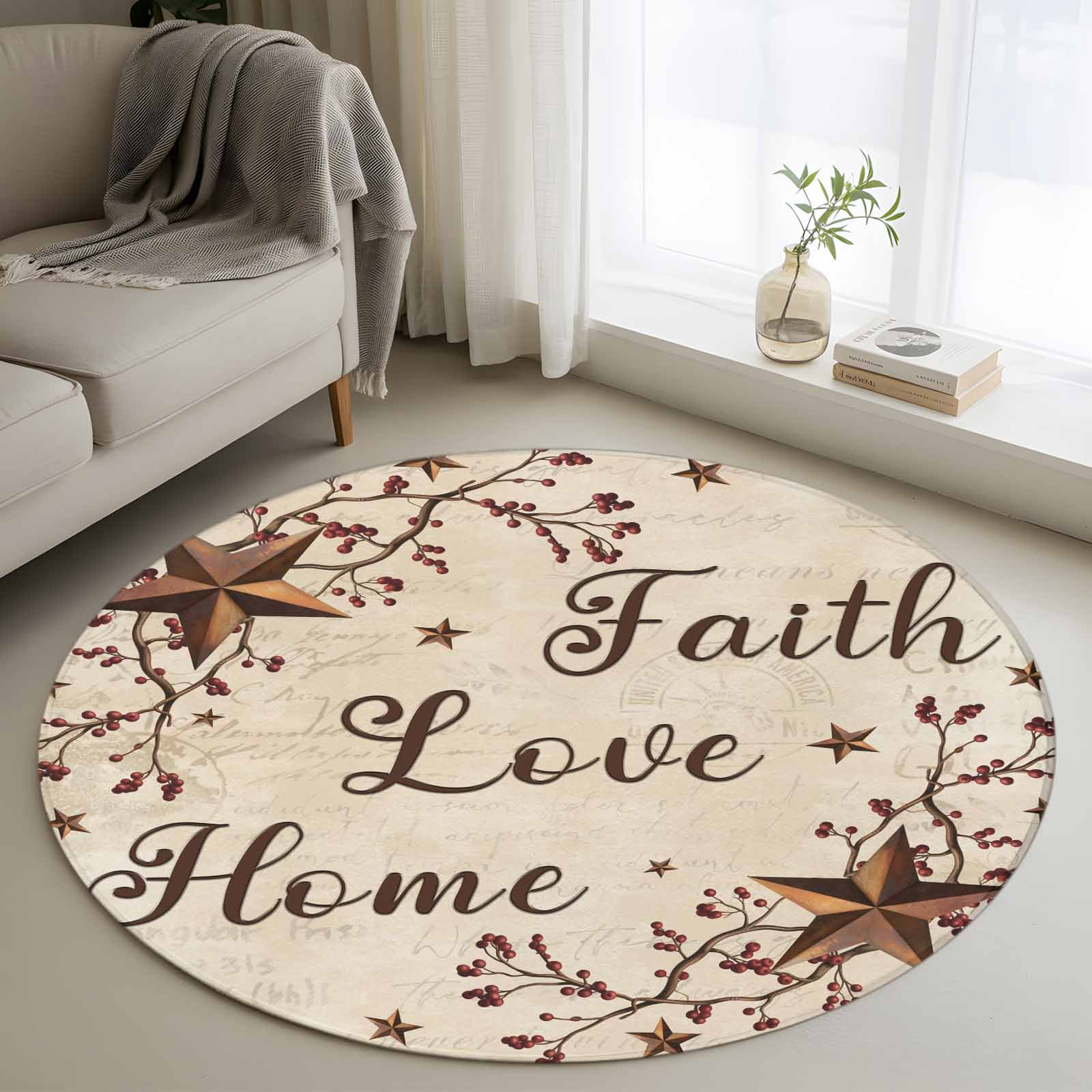 Brown Country Stars Washable Round Area Rug 3 ft, Retro Faith Love Home ...