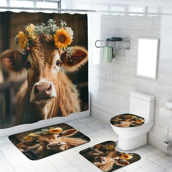Brown Cow 4 Pieces Shower Curtain Set with Non-Slip Rug Cute Funny Cow Farmhouse Wildlife Flowers with Non-Slip Rugs Toilet Lid Cover and Bath Mat Bathroom Decor Set, 72x72 Inch