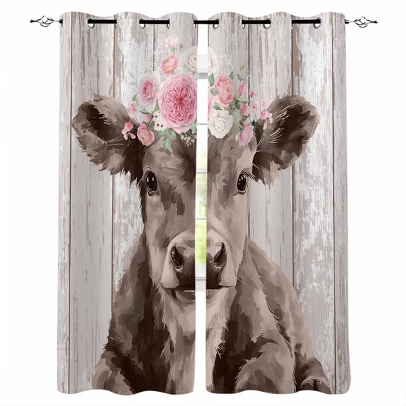 Brown Cow Black Out Curtains 54 Inch Long, Short Curtains for Small Window, Vintage Animals Spring Floral Wooden Room Darkening Farmhouse Window Curtains for Kitchen Bedroom 42"x54" 2 Panels