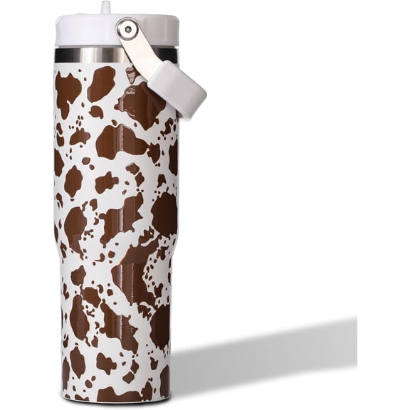 Brown Cow Print 30 oz Tumbler with Flip Straw - Insulated Water Bottle with Handle for School - Stainless Steel Cups with Lid - Birthday Gifts Idea - Hand Wash Only