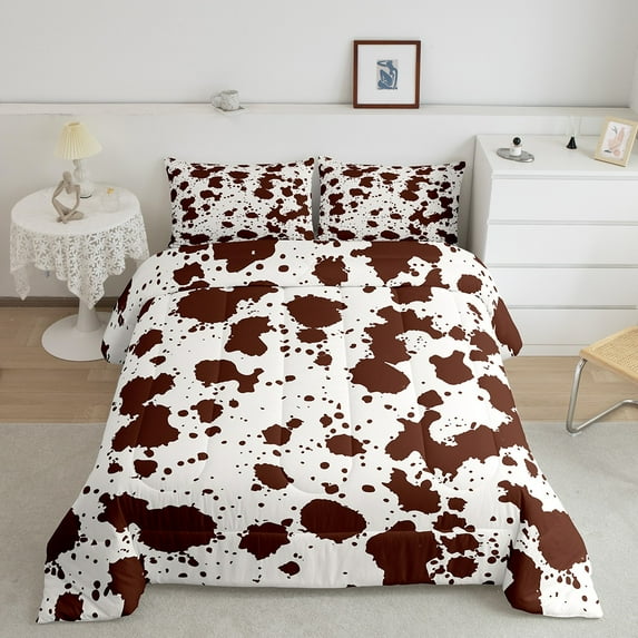 Brown Cow Print King Bedding Sets Farmhouse Animal Comforter Set King, Wildlife Cowhide Down Comforter Modern Abstract Aesthetic Duvet Insert, Highland Cow Skin Hair Bedding Comforter Sets