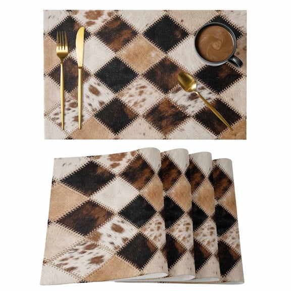 Brown Cow Print Placemats Set of 4 Farmhouse Country Cowhide Fur Textured Place Mats Indoor Wipeable Table Mats Washable Cloth Dining Table Placemats for Kitchen Holiday Party Home Decor 13x19 Inch