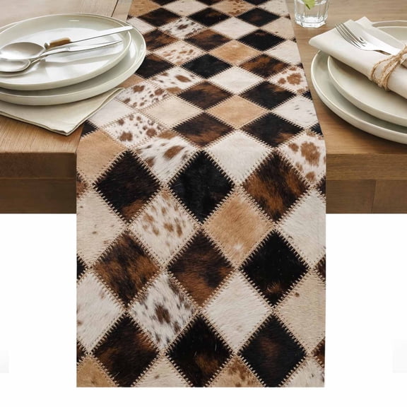 Brown Cow Print Table Runner Farmhouse Country Cowhide Fur Textured Tablerunners 16 x 72 Inch, Table Decorations Tabletop Scarf for Summer Gathering Holiday Farmhouse Kitchen Dining Decor