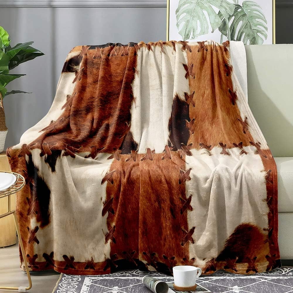 Brown Cow Print Throw Blanket, Patchwork Cow Blanket, Western Cowhide Blanket, Twin Blanket, Cozy Warm Soft Lightweight Fuzzy Plush Flannel Fleece Blanket for Bed, Couch, Sofa, 60"x80"