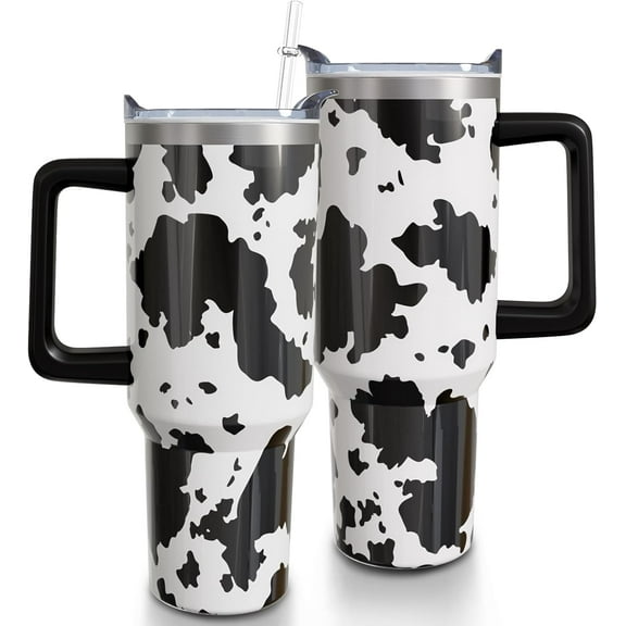 Brown Cow Print Tumbler with Lid and Straw, Stainless Steel 40oz Tumbler with Handle, Cow Print Travel Coffee Mug Water Bottle, Highland Cow Gifts Cups for Women and Girls