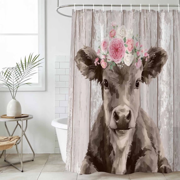 Brown Cow Shower Curtain Set, Waterproof Shower Curtains for Bathroom, Vintage Animals Spring Floral Wooden Washable Fabric Cloth Bath Curtain for Bathtub Decoration with Hooks 54x78 Inches