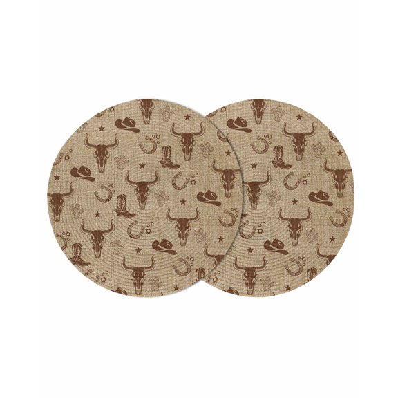 Brown Cow Skull Round 13 Inch Placemats Set of 2, Southwestern Vintage Cowboy Boots Burlap HeatResistant Non Slip Place Mats for Dining Table, Wipeable Braided Kitchen Table Mats for Housewarming