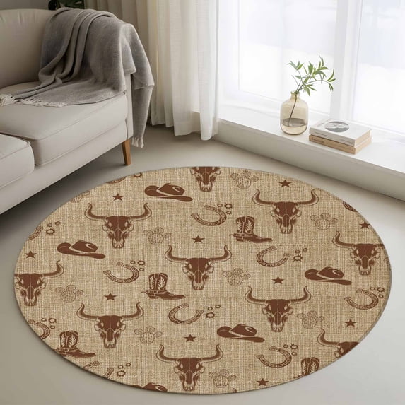 Brown Cow Skull Round Area Rug 4Ft Washable Circle Rugs for Bedroom Dining Room, Southwestern Vintage Cowboy Boots Burlap Non-Slip Carpet Floor Mats Indoor Outdoor Carpet Runner Aesthetic Home Decor