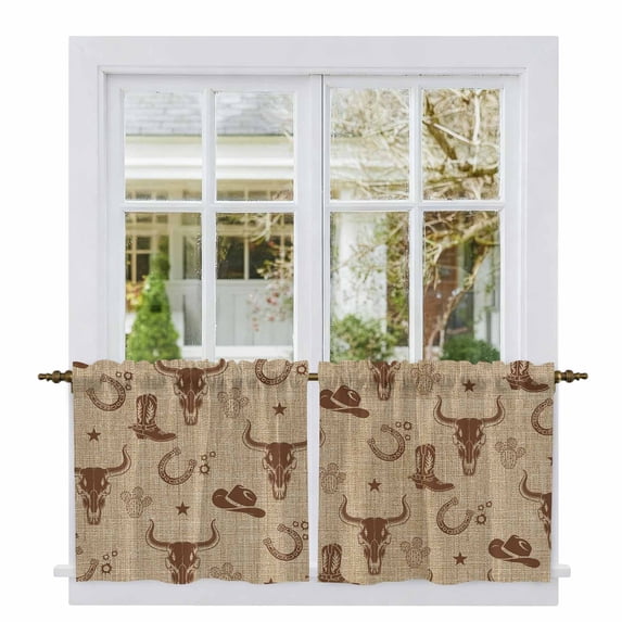 Brown Cow Skull Tier Curtains 24 Inch Length, Southwestern Vintage Cowboy Boots Burlap Cafe Short Curtains for Bathroom Over Sink, Small Kitchen Curtain Light Filtering Drapes 2 Panels 27.5"Wx24"L