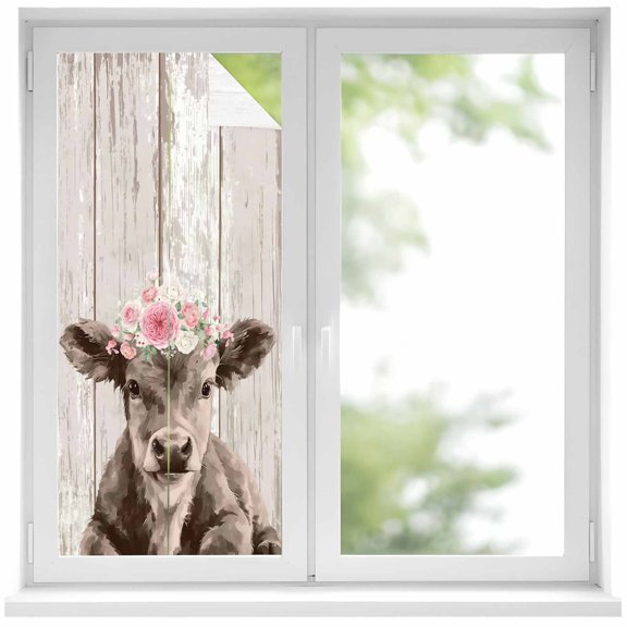 Brown Cow Window Privacy Film, Vintage Animals Spring Floral Wooden Static Cling UV Sun Blocking Heat Control Window Tint Day and Night, Non-Adhesive One Way Windows Privacy Cover 19.6''x39.3''