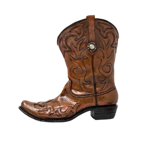 Brown Cowboy Boot Vase – Western Resin Decor with Embossed Pattern & Metal Concho Accent