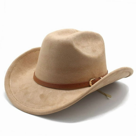 Brown Cowboy Hat for Men & Women,Retro Western Hat Felt Cowgirl Hat for Adults,Wide Brim Cowboy Hat with Chin Strap and Rivet Decor for Western Party(Khaki,22.8 Inches)