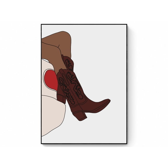 Brown Cowgirl Boots Illustration Boho Western Wall Art Decor, Unframed Paper Print Size 8x12