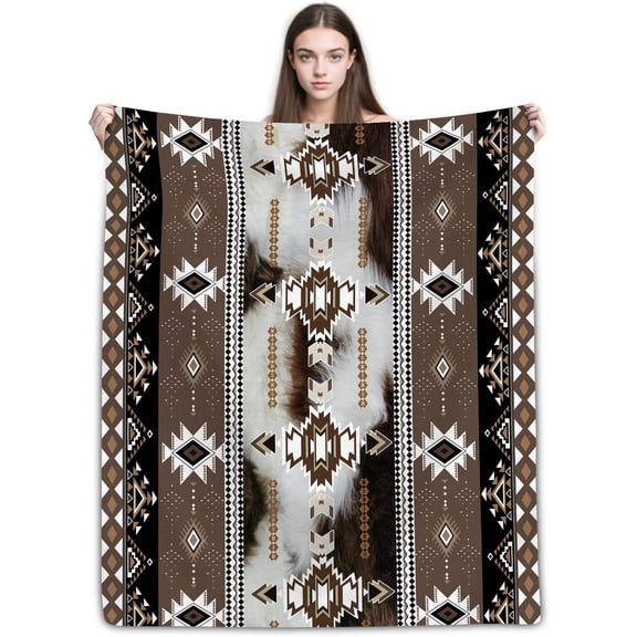 Brown Cowhide Aztec Tribal Western Throw Blanket
