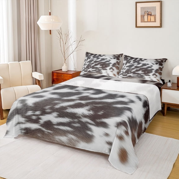 Brown Cowhide Bedding,Aztec Black White Aztec Cow Print Bed Sheet Set Full,Western Farm Animal Bed Sheets Men Women,Rustic Cowboy Cow Fitted Sheet & Flat Sheet 4 Pcs