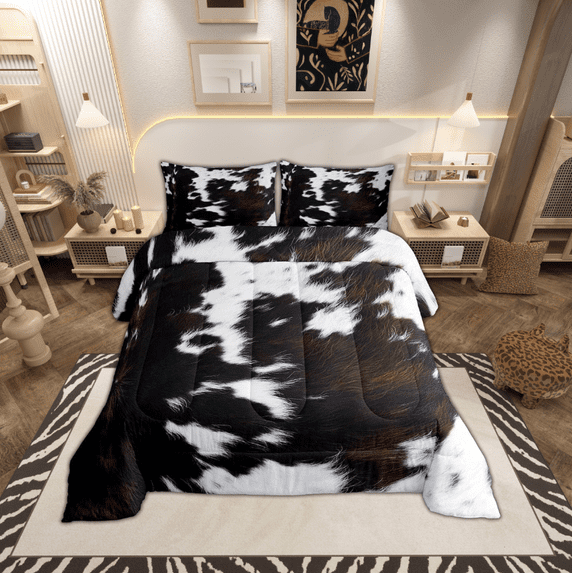 Brown Cowhide Comforter Set King,Black White Aztec Cow Print Bedding Set Western Farmhouse Animal Down Comforter for Kids Boys Girls,Rustic Cowboy Quilt Duvet Set 2 Pillow Cases Bedroom Decor