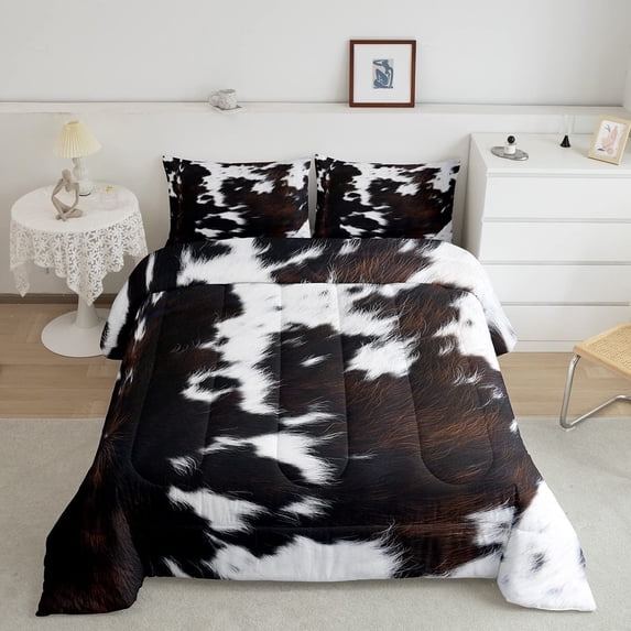 Brown Cowhide Comforter Set Queen,Black White Aztec Cow Print Bedding Set Western Farmhouse Animal Down Comforter for Kids Boys Girls,Rustic Cowboy Quilt Duvet Set 2 Pillow Cases Bedroom Decor