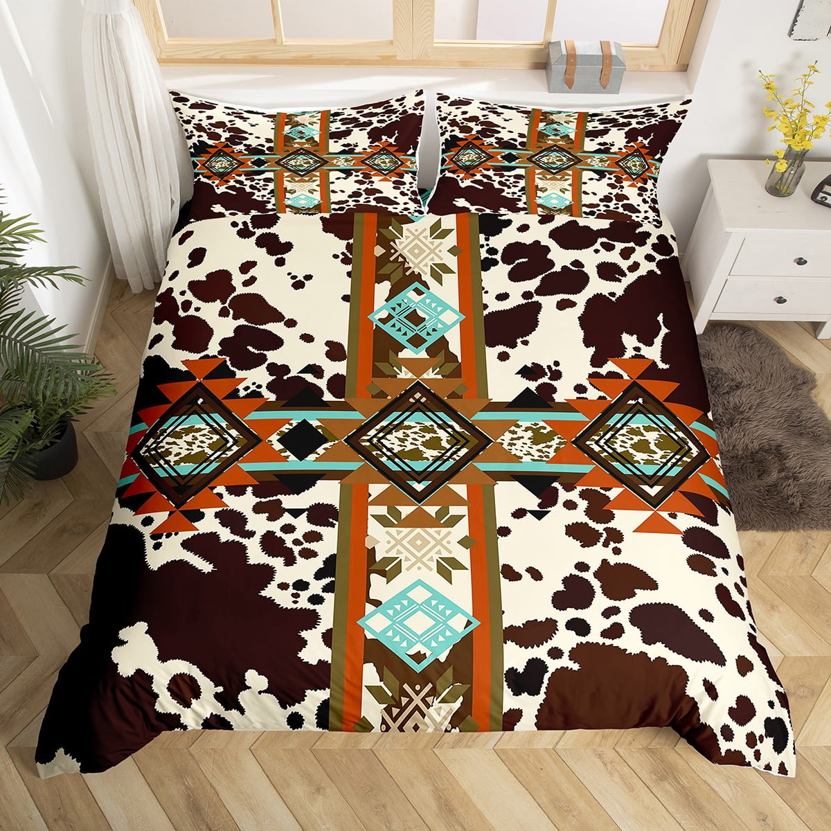 Brown Cowhide Duvet Cover Exotic Tribal Arrow Aztec Bedding Set King,Geometry Diamond Triangle
