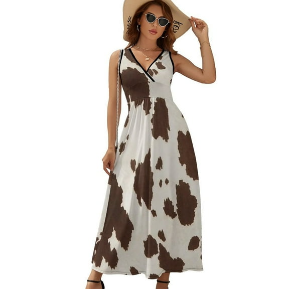 Brown Cowhide Leather Dress Summer Street Style Bohemia Long Dresses Female Sleeveless Printed Maxi Dress