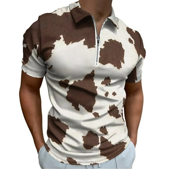 Brown Cowhide Leather Men Zipper T-shirt Summer Casual Short Sleeve T-shirt Top