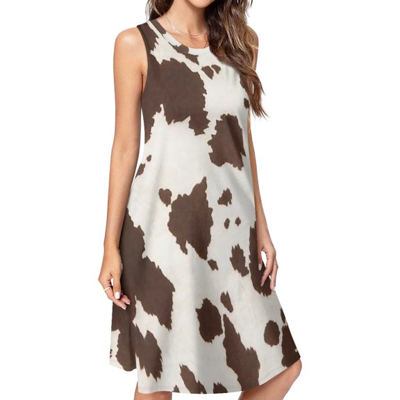 Brown Cowhide Leather Spring Summer Dresses for Women Fashion T-shirt Dress Casual Sleeveless Loose Sundress with Pockets