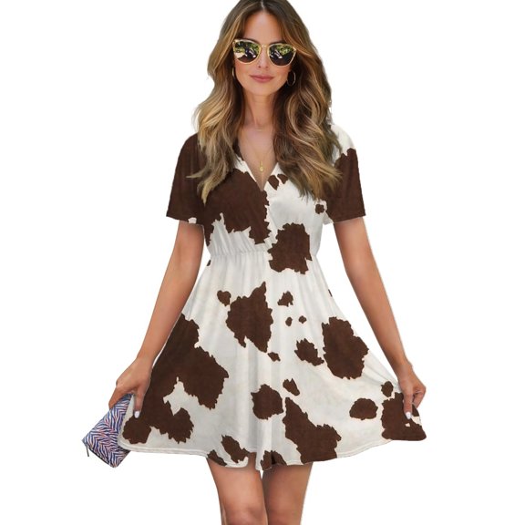 Brown Cowhide Leather Women Dress V-Neck Short Sleeve Flowy Swing Party Midi Dress