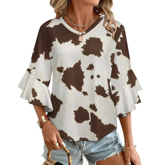 Brown Cowhide Leather Women's V-Neck Blouse With 3/4 Ruffled Bell Sleeves Casual Top Ladies Blouses