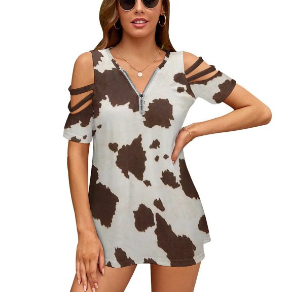 Brown Cowhide Leather Womens Summer V Neck Zipper Top Short Sleeve T Shirt Off Shoulder Top Casual Classy Loose Shirts